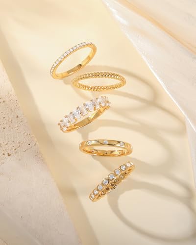 Gold Silver Stackable Rings for Women Non Tarnish Cubic Zirconia Band Ring | 14K Gold Plated,Stacking Chunky Eternity Rings,Dainty Engagement Promise Thumb Rings,Wedding Ring Set,Jewelry Size 6 7 8 9 10 - color: Gold 2