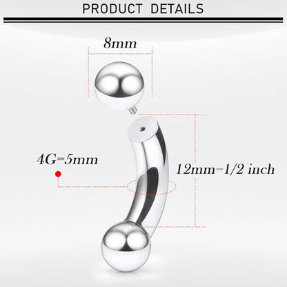 18G-00G Eyebrow Rings Internally Threaded Snake Eyes Piercing Jewelry Tongue Surgical Steel Curved Barbell Vertical Lip Labret Rook Daith Earrings Piercing Jewelry for Women Men 6mm-19mm - color: silver, size: 4G(5mm)-12mm barbells-8mm Balls