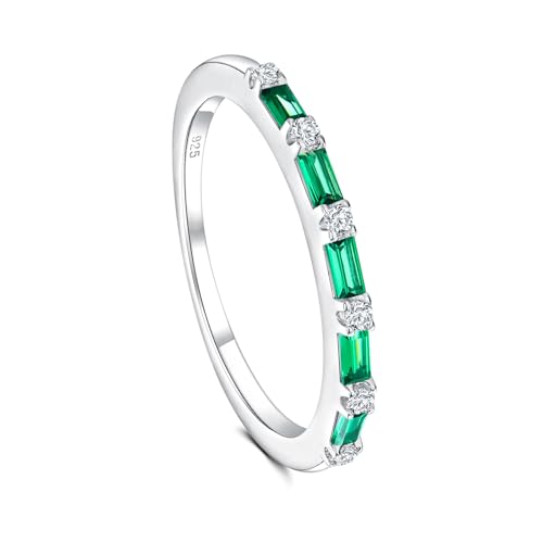 925 Sterling Silver 1.5mm Thin Baguette Stackable Rings for Women | Created Ruby/Sapphire/Emerald/Cubic Zirconia,Dainty Wedding Band Birthday Anniversary Jewelry(with Gift Box) - color: 03-Created Emerald & CZ