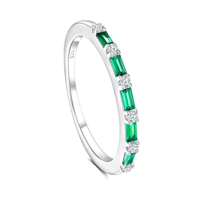 925 Sterling Silver 1.5mm Thin Baguette Stackable Rings for Women | Created Ruby/Sapphire/Emerald/Cubic Zirconia,Dainty Wedding Band Birthday Anniversary Jewelry(with Gift Box) - color: 03-Created Emerald & CZ