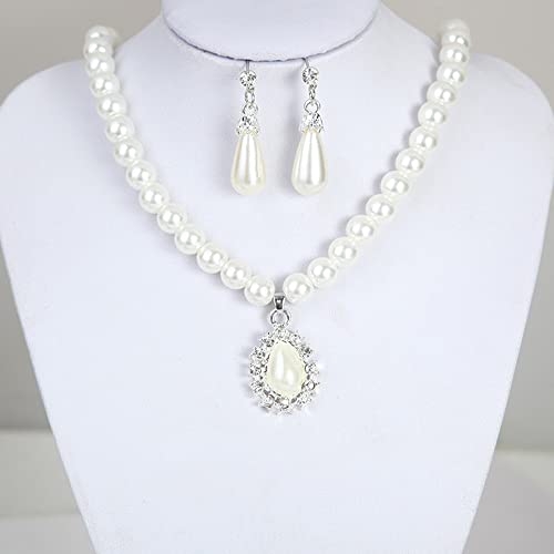 tenghong2021 Fashion Classic Faux Pearl Jewelry Set Necklace Bracelet Earrings for Women Best Gift - color: White water drop