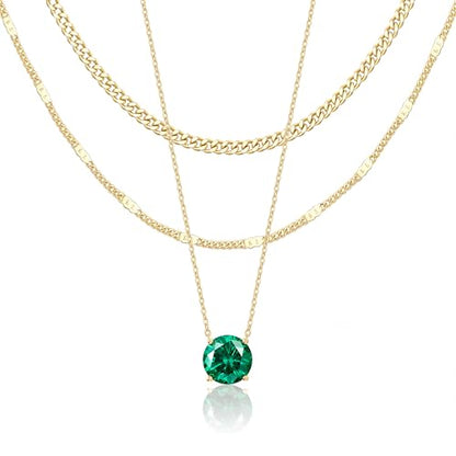 WomenGifts Layered Gold Necklaces for Women, 14K Gold Sterling Silver Plated Dainty Pendant Necklace Set Non Tarnish, Chunky Stackable Cuban Chain Choker, Trendy Birthstone Vacation Jewelry Gift - color: Gold, style: Cubic Zirconia-Created Emerald-May
