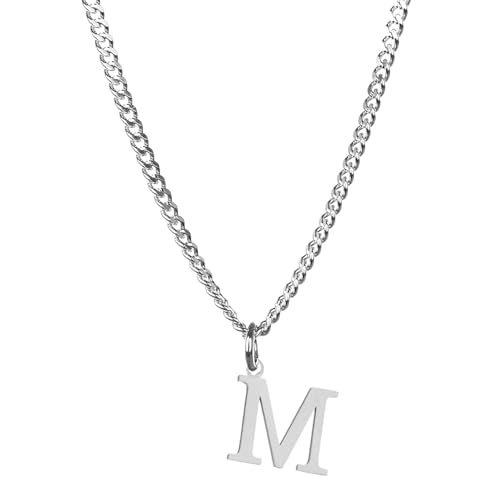 Men’s Minimal Initial Necklace, Stainless Steel Gold Silver Tone 26 Letters Pendant Necklace for Men Women 3.5mm Cuban Chain Waterproof - style: M