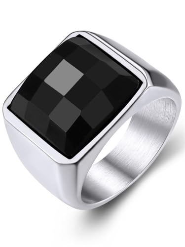 KeyStyle Square Gemstone Signet Rings for Men, Personalized Stainless Steel Pinky Ring with Black Onxy Blue Topaz Birthstone Statement Ring - color: 316L Stainless Steel-Black Onyx-15mm