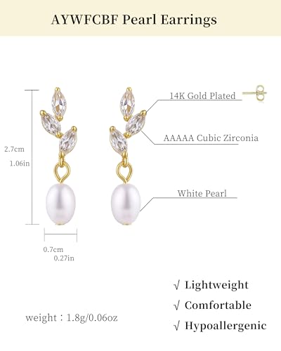 Pearl Earrings for Women, 14k Gold Plated Trendy Diamond Pearl Drop Earrings Bridal Shower Gifts Wedding jewelry for Women - color: Style C Gold