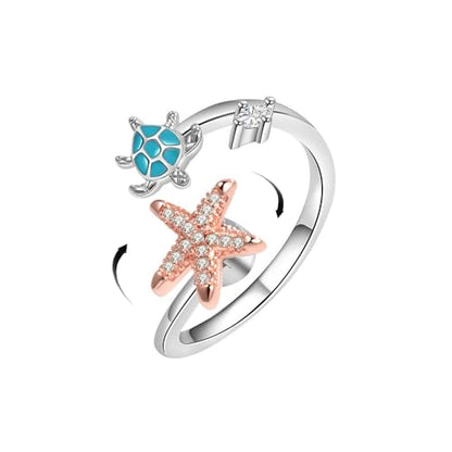 Starfish Turtle Fidget Anxiety Open Rings for Women Cute Funny Adjustable Crystal Spinner Stress Relief Stackable Ring Rotatable Calming Worry Meditation Jewelry Birthday Christmas Gifts
