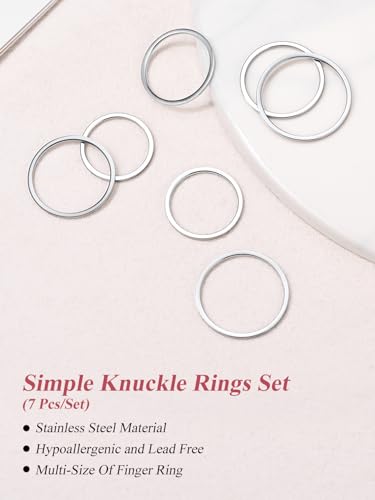 FOCALOOK 28 PCS Knuckle Ring Set 1MM Stainless Steel Women's Thin Plain Band Stacking Midi Finger Rings Set Comfort Fit Silver/Black/Gold/Rose Tone Size 4-10 - color: 01.Stainless steel,7pcs