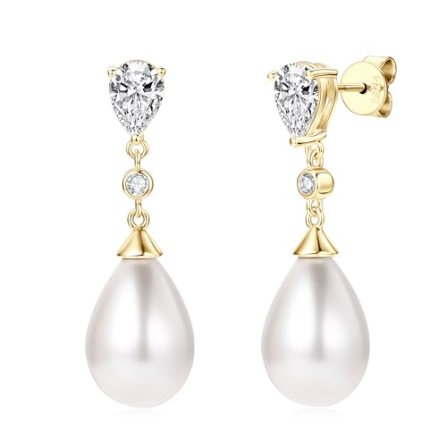 925 Sterling Silver Pearl Drop Earrings for Women, June Birthstone Long Dangle Pearl Jewelry Gifts for Her - color: 13mm Gold