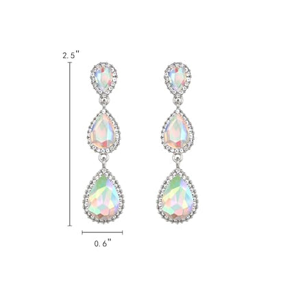 EleQueen Women's Crystal Teardrop Pear Shape 2.5 Inch Long Earrings | Dangle Earrings for Women, TearDrop Crystals Earrings for Bride Bridesmaid, Prom Jewelry for Wedding - color: Iridescent Silver-Tone