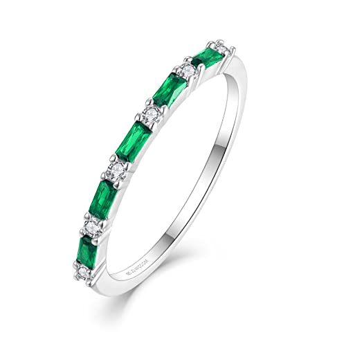 JO WISDOM 925 Sterling Silver Wedding Band for Women Thin Stacking Ring Half Cubic Zirconia Eternity Engagement Ring - color: 05-May-emerald