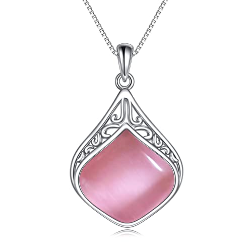 YAFEINI Teardrop Necklace Sterling Silver Filigree Irish Pendant Necklace Natural Stone Moonstone/Lapis Lazuli/Larimar/Moss Agate Necklace Jewelry - color: Pink Opal Teardrop Necklace