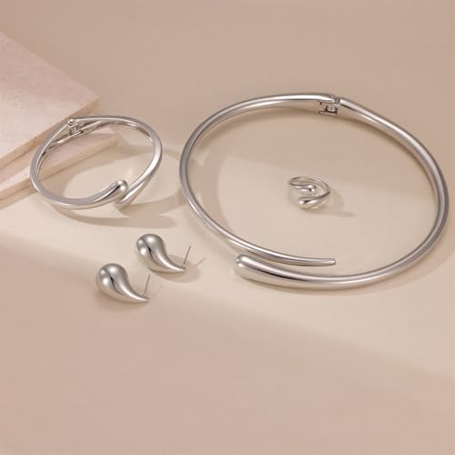 4 Pcs Chunky Gold Jewelry Set for Women, 14K Gold Plated Cuff Choker Collar Necklace, Teardrop Drop Earrings, Teardrop Wrap Ring, Hinged Cuff Bangle Bracelets, Statement Fashion Jewelry - color: 4 Pcs Silver Jewelry Set
