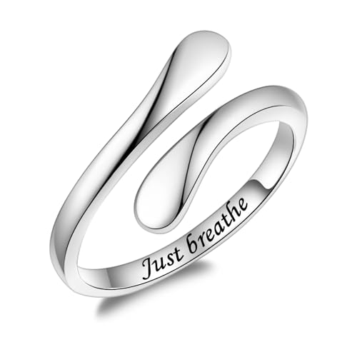 Fookduoduo 925 Sterling Silver Ring Inspirational Jewelry adjustable Wrap Open Rings for Women - style: Just Breathe