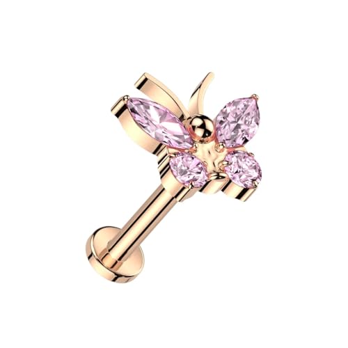 Pierced Owl 16GA ASTM F-136 Implant Grade Titanium Internally Threaded CZ Crystal Butterfly Flat Back Stud - style: Rose Gold Tone/Pink
