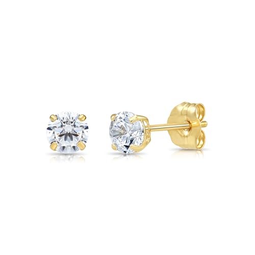 14k Yellow Gold Solitaire Round Cubic Zirconia Stud Earrings - Pushbacks - style: 3mm