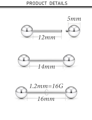 16G 14G 12G Nipple Piercings Tongue Rings Externally/Internally Threaded Hypoallergenic 316L Surgical Steel Nipple Tongue Barbell Piercing Jewelry for Women Men 12mm 14mm 16mm 19mm 22mm - color: 16G/Internally Threaded/12mm-16mm Bars/5mm Balls