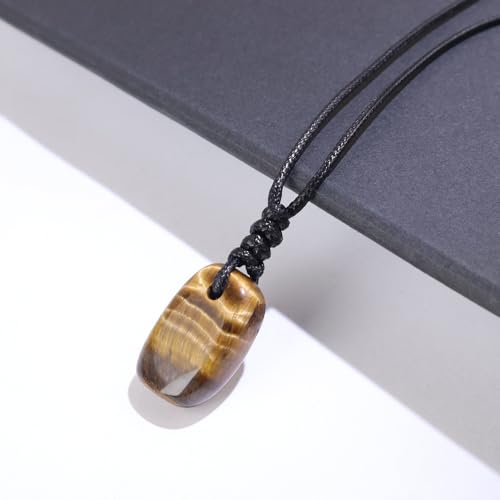 Natural Gemstone Pendant Necklace Healing Crystal Choker Necklace Adjustable Waxed Black Rope for Women Men - color: Tiger's Eye