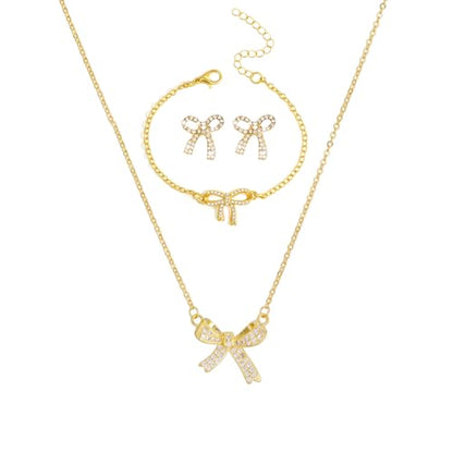 Gold Bow Necklace Bracelet Earrings Set for Women Bowknot Choker Necklace Ribbon Stud Earrings Silver Bow Bracelet Christmas Holiday Jewelry - color: Gold-1