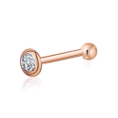 Massete 18k 14k Gold Nose Ring - 20g Nose Stud, Hypoallergenic Threadless Piercings for Women Men, Yellow White Rose Real Gold Standard or Long Nose Rings Studs, CZ or Ball Nose Piercing Jewelry - color: Simulated Diamond - 14k Rose Gold, size: Longer Len