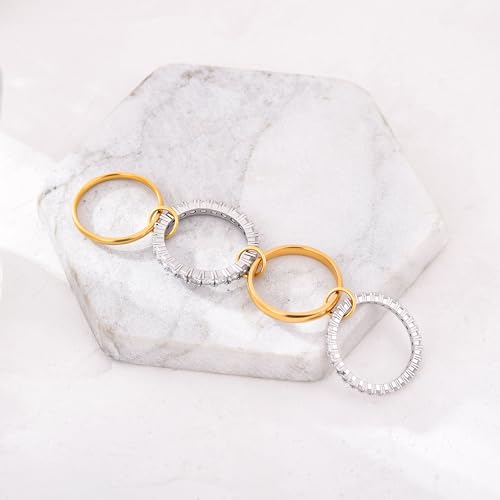 14K Gold Plated Stackable Rings for Women – 4-Piece Mixed Metal Ring Stack Set with Cubic Zirconia, Gold Silver Stacked, Two Tone Connected, Interlocking Statement Jewelry, Size 10
