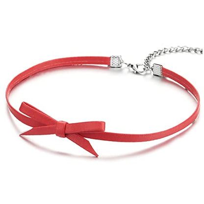 Ladies Leather Bow Choker Necklace Pendant - color: G-Red Color-01