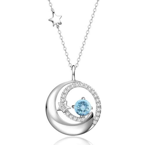 FANCIME Birthstone Necklaces 925 Sterling Silver Moon and Star Pendant Fine Jewelry Birthday Mothers Day Gifts for Mom Wife Her Daughter, Adjustable Chain 16+2" - color: Mar.- Aquamarine