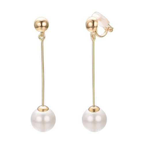 Yoursf Gold Pearl Dangle Clip On Earrings For Women Hypoallergenic White Pearl Drop Earrings 18K Gold Plated Non Pierced Ears Pearl Drop Earrings Fashion Jewelry - style: Women's Gold Pearl Drop Clip Earrings