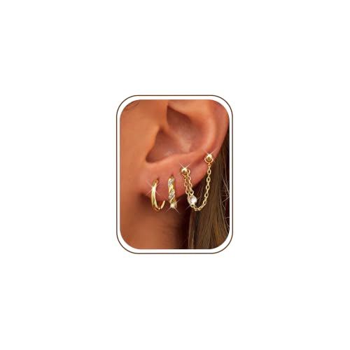 3 Pairs Dangle Hoop Chain Earrings Stacks for Women Trendy Huggie Earring | Non-Tarnish 5A CZ Stones Hoops Earrings Set for Multiple Piercing - style: 14K Gold Plated-Twist