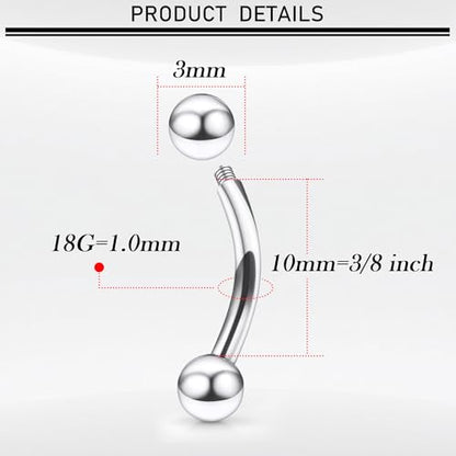 18G-00G Eyebrow Rings Internally Threaded Snake Eyes Piercing Jewelry Tongue Surgical Steel Curved Barbell Vertical Lip Labret Rook Daith Earrings Piercing Jewelry for Women Men 6mm-19mm - color: silver, size: 18G(1mm)-10mm barbells-3mm Balls