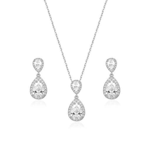 Bridal Jewelry Set for Women, Cubic Zirconia Teardrop Bride Bridesmaid Necklace and Earrings Set for Wedding Prom Formal - color: White Gold