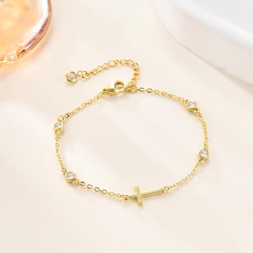 Bracelets for Women, Dainty Gold Silver Ring Bracelet Hand Chain | Cubic Zirconia Pearl Charms, 14K Gold Plated, Adjustable Fit, Trendy Stackable Link Chain, Waterproof Jewelry, Gift for Her - color: Gold-cross cz bracelet