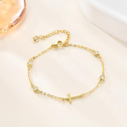 Bracelets for Women, Dainty Gold Silver Ring Bracelet Hand Chain | Cubic Zirconia Pearl Charms, 14K Gold Plated, Adjustable Fit, Trendy Stackable Link Chain, Waterproof Jewelry, Gift for Her - color: Gold-cross cz bracelet