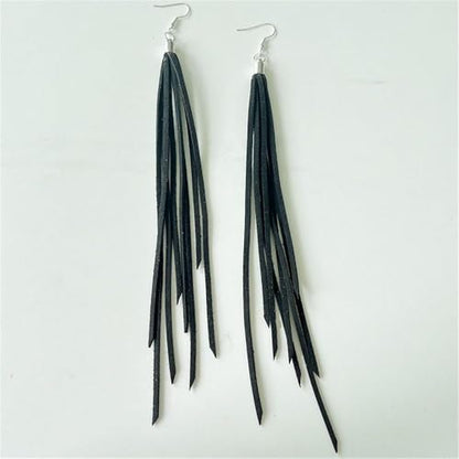 Leather Tassel Earrings Bohemian Tassel Fringe Dangle Earrings Boho Handmade Leather Feather Long Tassel Earrings Western Jewelry for Women - color: Black