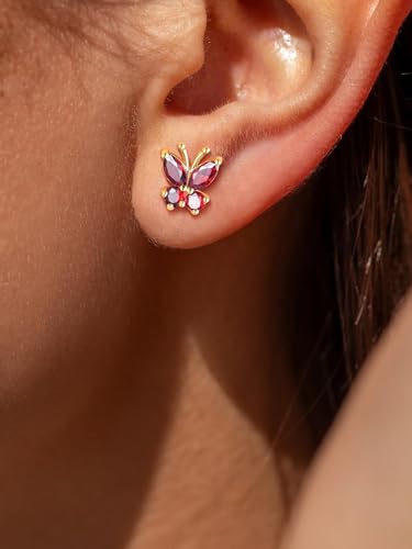Suplight Butterfly Stud Earrings 925 Sterling Silver 14K Gold Brithstone Earrings for Women Brithstone Jewelry Gifts - color: 07.July( Ruby), size: Gold