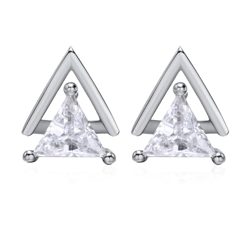 Unisex Geometric Triangle Stud Earrings, Stainless Steel Minimalist Cubic Zirconia Pierced Post Earrings for Men Women - style: Double Layer-Sliver