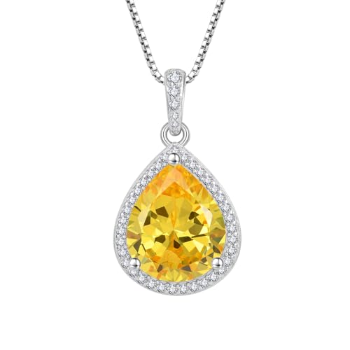 FJ Teardrop Pendant Necklace 925 Sterling Silver Birthstone Jewelry for Women - color: 11 November-Citrine