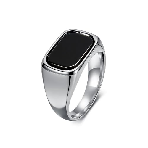 Kemstone Square Black Onyx Signet Ring Stainless Steel Stone Inlay Minimalist Jewelry for Men - color: Silver, size: 10#