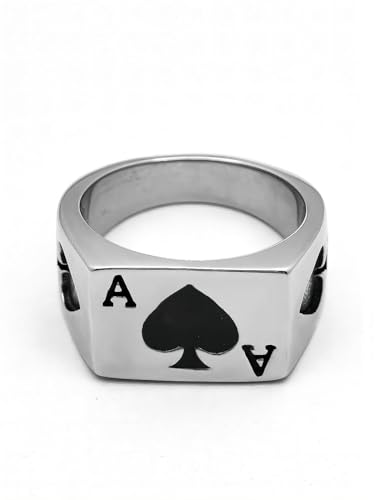 JAJAFOOK Mens Womens Stainless Steel Ring Poker Spade Ace Silver Black Sizes 6-14 - color: Spade Ace Silver Black, size: 10