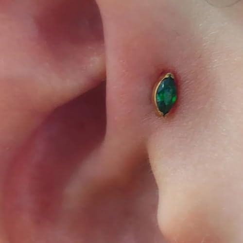 1PC Tragus Conch Helix Flat Labret Piercing Jewelry 16G 6mm 8mm - ASTM F136 Titanium Cartilage Earring Flatback Stud, Implant Grade Internally Threaded Hypoallergenic Body Jewelry (Clear CZ) - color: Green Marquise CZ - Gold