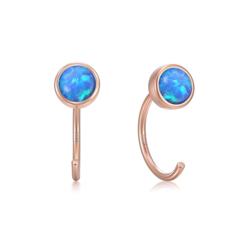 CHIC & ARTSY 925 Sterling Silver Half Hoop Earrings for Women, Dainty Huggie Hoops with Synthetic Opal, Moonstone, CZ & Gemstones, Lightweight Comfort Fit Everyday Elegant Jewelry - color: Synthetic Blue Opal/Rose Gold Plated Silver