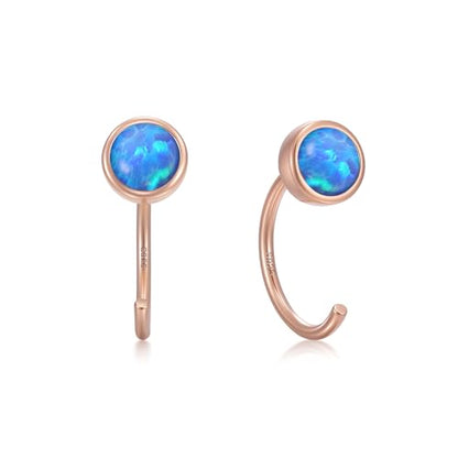 CHIC & ARTSY 925 Sterling Silver Half Hoop Earrings for Women, Dainty Huggie Hoops with Synthetic Opal, Moonstone, CZ & Gemstones, Lightweight Comfort Fit Everyday Elegant Jewelry - color: Synthetic Blue Opal/Rose Gold Plated Silver