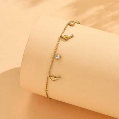 18K Gold Plated Waterproof Summer Beach Ankle Bracelets for Women | Starfish Sea Shell Pearls CZ Diamond Dangle Anklets - style: Dolphin CZ Drop-Gold