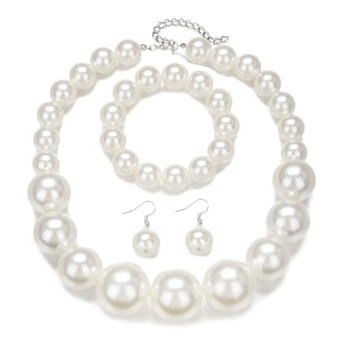 Colorful Round Beaded Earrings Neacklace Set Retro Imitation Pearls Beaded Bracelet Geometric Acrylic Beads Dangle Earrings 70s 80s Exaggerated Necklace Bracelet Jewelry - color: White
