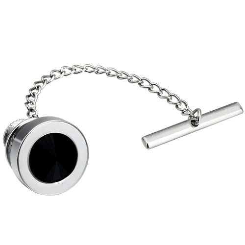 HAWSON Black Stone Tie Tack for Men Tie Pin with Chain for Wedding Birthday Anniversary Party - color: silver tone 2
