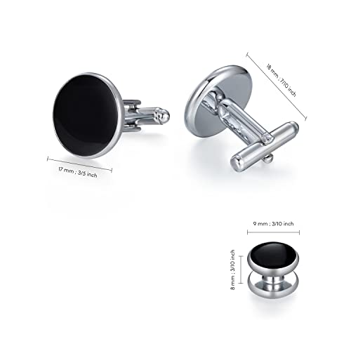 wynameleri Mens Cufflinks and Studs Set Blanks Round 4 Colors Shirt Tuxedo Buttons Packed in Cufflink Box for Business Wedding Jewelry - color: Silver Black