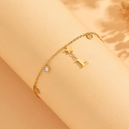 Initial Anklet for Women, 18K Gold Plated Waterproof Ankle Bracelet, Star CZ Letter A-Z Personalized Beach Foot Jewelry - color: L
