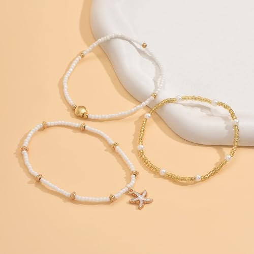 Ankle Bracelets for Women Gold Anklet Set Boho Vacation Gift | Gold anklet set for women 5 styles with matching gift pouch.Boho adjustable non-tarnish jewelry.Perfect present idea. - color: Starpearl