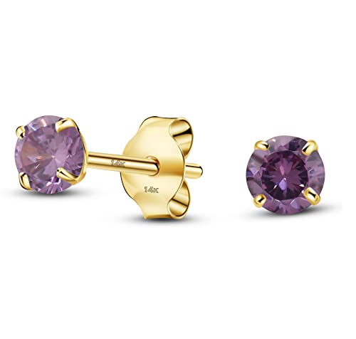 Solid 14K Yellow Gold Round Solitaire Simulated-Birthstone Minimalist Stud Earring - color: 02-February, size: 3mm