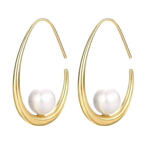 14k Gold Plated Lightweight Pearl Earrings,Trendy Jewelry,Teardrop Hoop Earrings for Women,Pearl Drop Earrings,Elegant Jewelry for Gifts - color: gold drop pearl