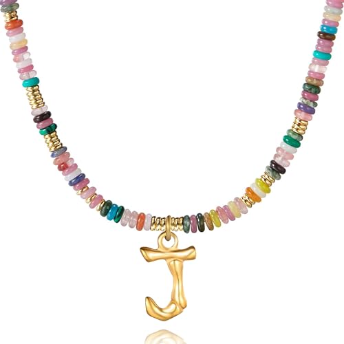 YOUFENG Initial Letter Necklaces for Women Colorful Beaded Gemstone Choker 14K Gold Plated Bamboo Letter Pendant Necklace Natural Stone Handmade Jewelry Gift - color: J